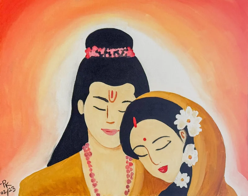 A painted portrait of two figures together against a warm orange background.