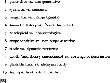 \begin{figure}\begin{enumerate}
\item generative vs. non-generative
\item syntac...
...pply-side vs. demand-side
\end{enumerate}\cite{Nirenburg-Raskin-96}
\end{figure}