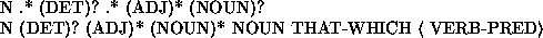 \begin{example}N .* (DET)? .* (ADJ)* (NOUN)? \\
N (DET)? (ADJ)* (NOUN)* NOUN THAT-WHICH {$\langle$ }VERB-PRED{$\rangle$ }
\end{example}